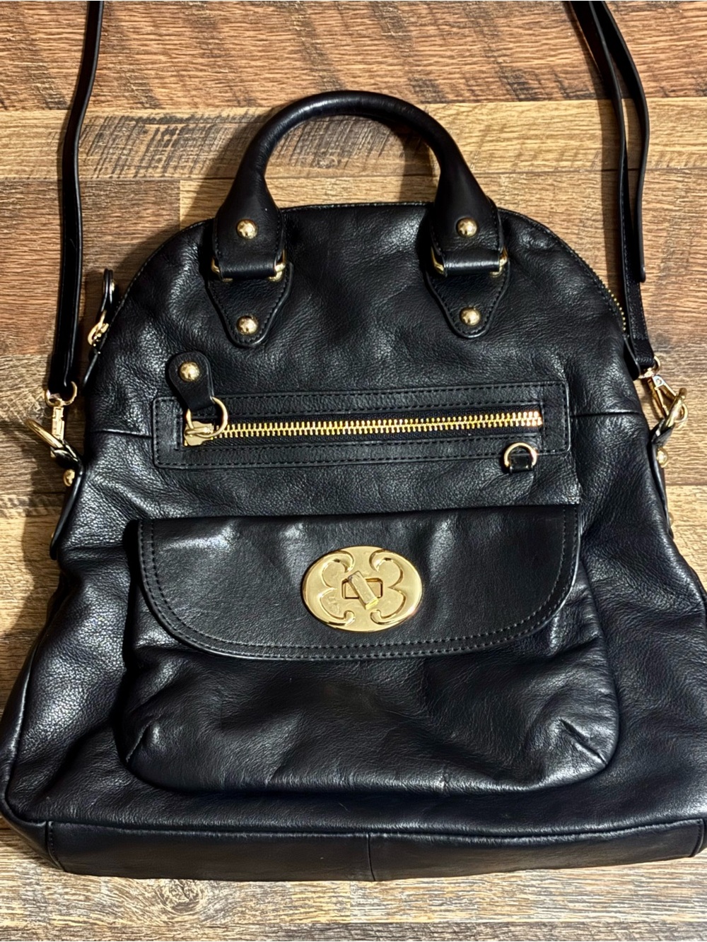 Emma Fox Black Leather Satchel with Gold Hardware